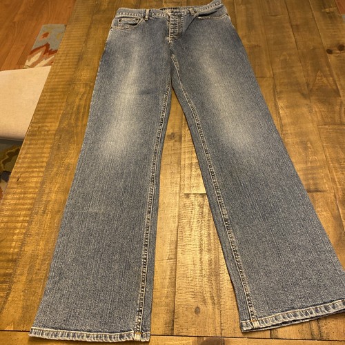 Theory mens blue fly straight denim pants with 30x33 size, front pockets, and visible “Stretch USA Made” label on waistband.
