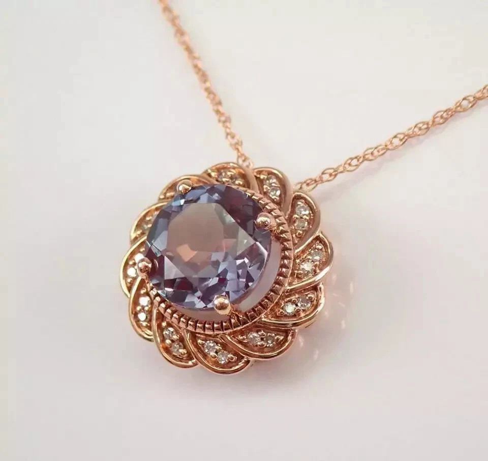 2Ct Round Cut Alexandrite Diamond Halo Pendant 14K Rose Gold Over "18 Free Chain - Image 2 of 4