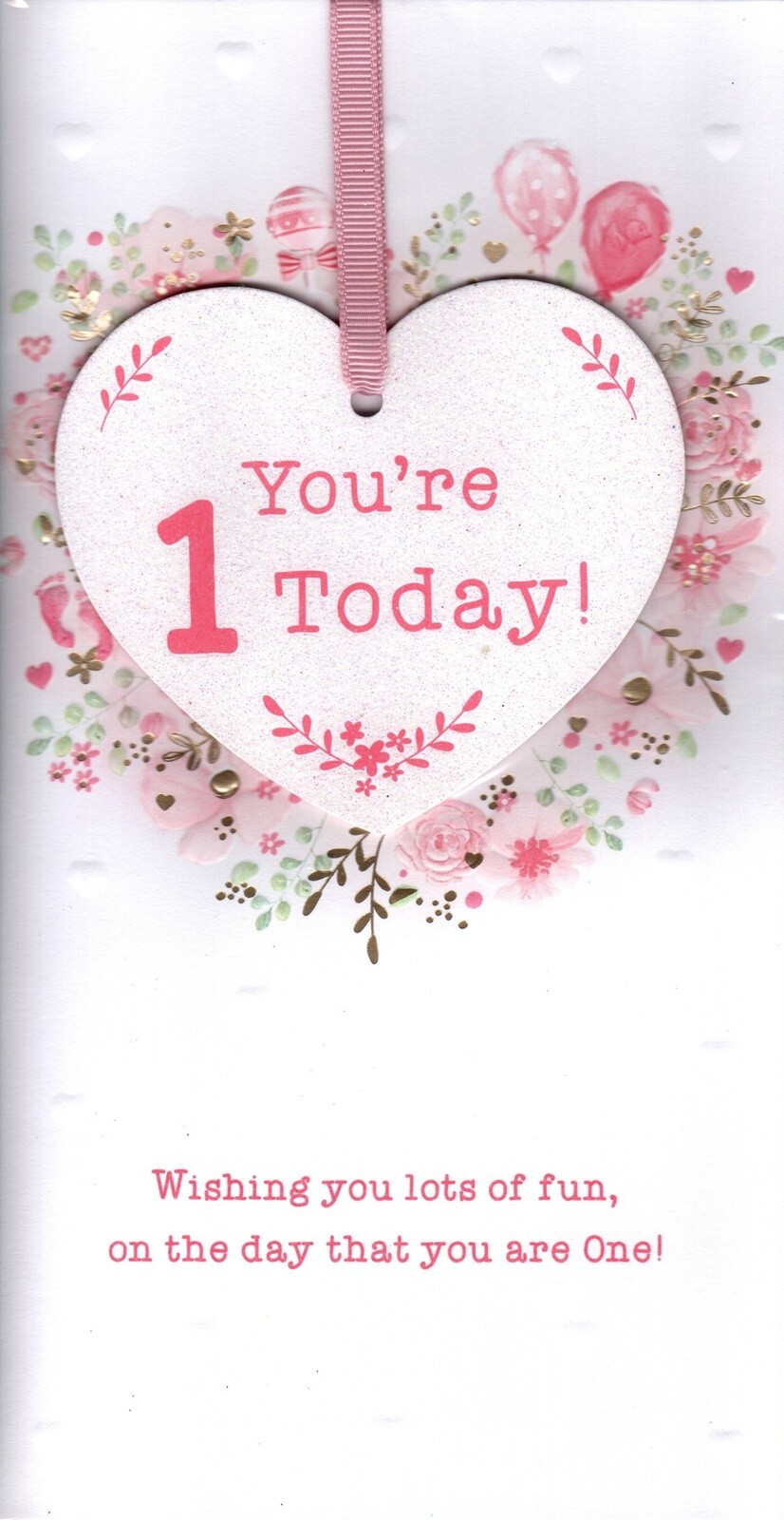 Happy Birthday Card - 1st First 1 Today - Glitter Heart Flowers Balloons