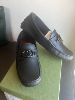 NEW GUCCI LUXURY BLACK GG INTERLOCKING MOCCASIN DRIVER SHOES 9/US