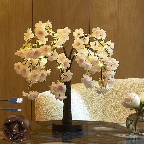 Lighted Cherry Blossom Tree Pink 18IN 40 LED with Timer Artificial Tabletop B...