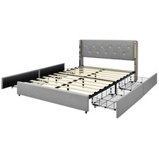 Full Upholstered Bed Frame with 4 Storage Drawers Linen Fabric Headboard Silver