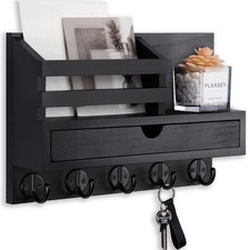 Key Holder Wall Mount Mail Storage Drawer 5 Hooks Coat Dog Leash Entryway Rack