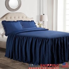 Ruffle Skirt Bedspread Set 3-Piece Luxurious Farmhouse Bedding Queen Navy Home