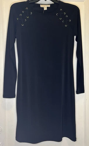 Abito a tubino MICHAEL KORS taglia XS nero con logo incrociato accento manica lunga nuovo con etichette