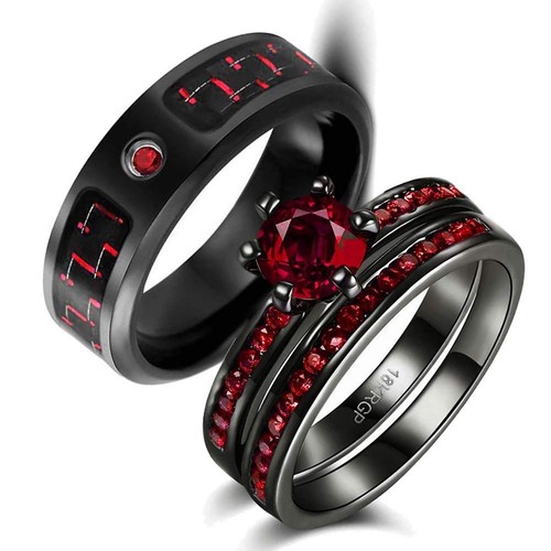 Two Rings His Hers Wedding Ring Sets Couples Matching Rings Women's 2pc Black...