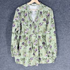 Dressbarn Blouse Women 2X Plus Green Floral V-Neck Long Sleeve Corduroy Button