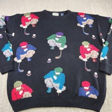 Vintage Golf Sweater Men XL AOP Grandpa Chunky Hand Knit 90s Black Crewneck