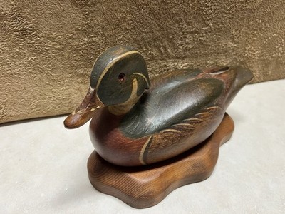Signed R.D. Lewis Hand Carved Wood Duck Drake Decoy Dated 10-27-1981 w/Base