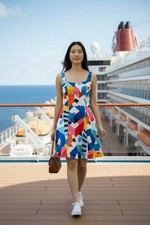 Satin Colorblock Midi Pleated Swing Dress Medium Vacation Summer Cruise Party