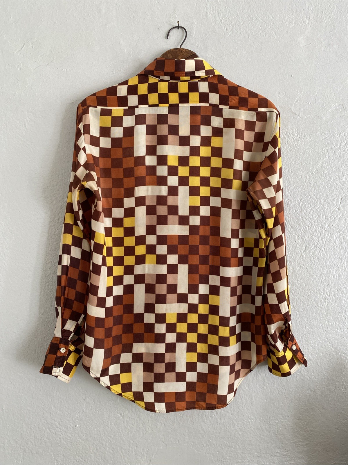 Vintage 70s Mike Weber Dagger Collar Op Art Checker Disco Button Up Shirt Sz S M image 9