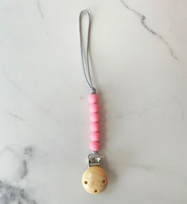 Beaded Pacifier Clip Holder Strap w/ Wooden Button  Metal Clasp, Pink/Gray