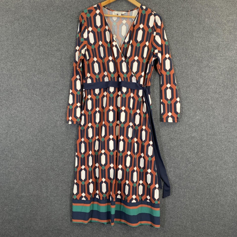 Preview Dress Womens 14 Multi Geo Print Wrap Lined Midi V Neck Office City