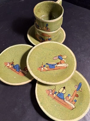 Lot Vintage 1940s Green Mexican Tlaquepaque Tonala Cups Saucer Plates Redware - Image 1 of 4