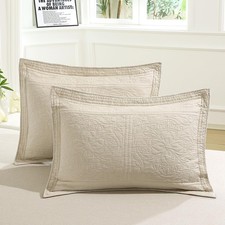 WINLIFE 100 Cotton Quilted Pillow Sham Floral Printed Pillow Cover King, Beige