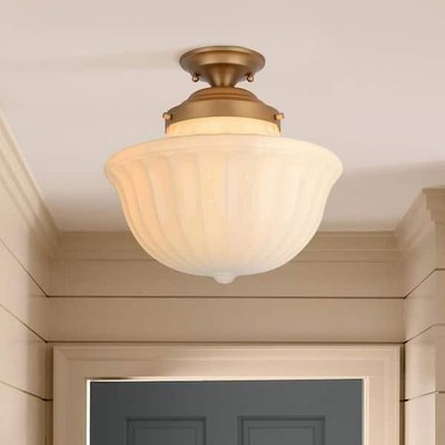  1-Light 14.9 in. Gold Mid-Century Modern Geometric Milky White Ceiling Light