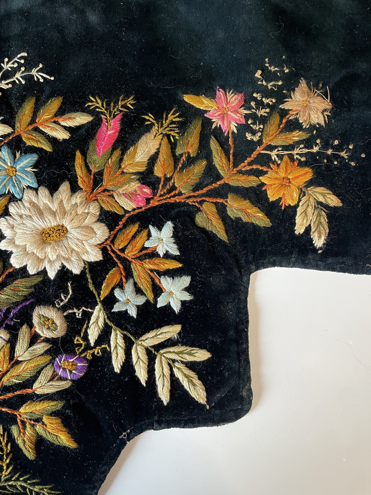 Pair of Antique 19th C. Hand Stitched Embroidered Black Velvet Panels Victorian