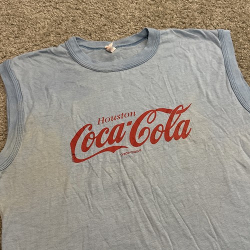 Vintage 1970s Coca Cola Soda Pop Houston Texas Blue Tank Top Sleeveless T-Shirt - Picture 4 of 7