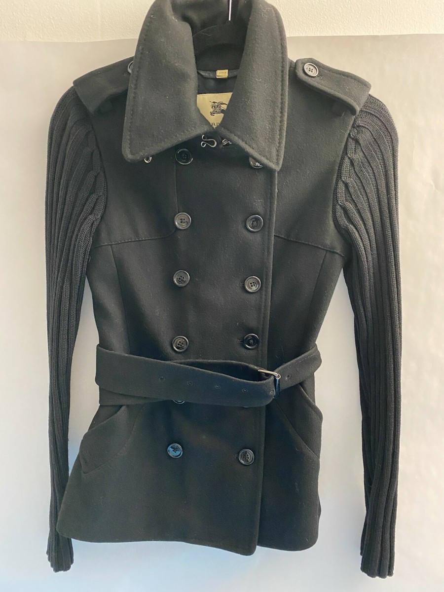 BURBERRY LONDON Black Wool Pea Coat Jacket Sweater Sleeve