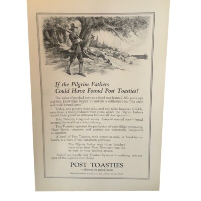 Vintage 1922 Post Toasties Pilgrim Fathers Ad Advertisement 