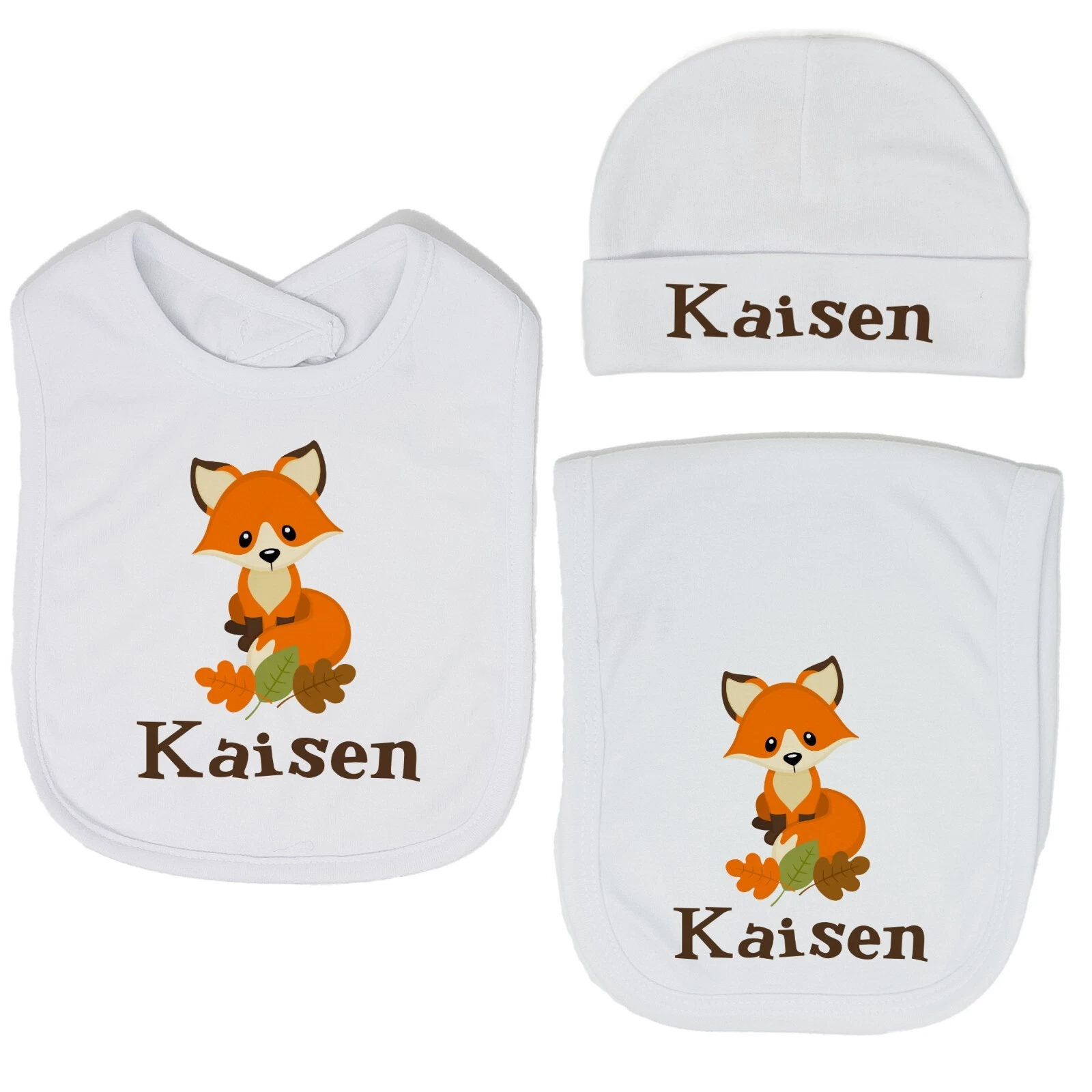 Baby Boy Personalized Custom Woodland Fox Bib and Burp Cloth Set VS2