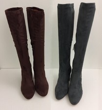 DUO Women's Knee High Boots Grey Brown Suedette Harper Stretch Block Heel New F1