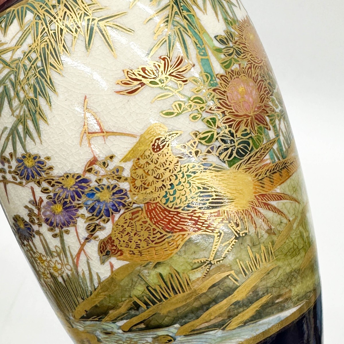Koshida Japanese Satsuma Hand Painted Porcelain Vase Birds Meiji