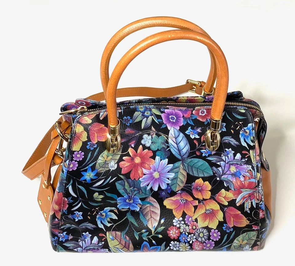 Bolso Bandolera VALENTINA Italia Negro Marrón Estampado Floral Cuero Asa Superior Foto 3 de 4