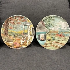 (2) 1980's Byron Molds Seasons Scenes 10" 3-D Decorative Wall Plates Vintage