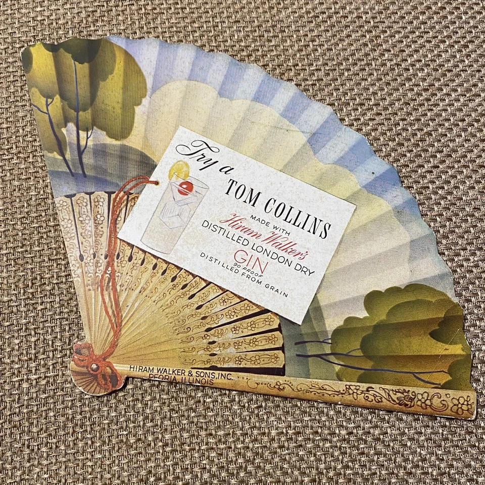 Vintage Advertising Hiram Walker Gin Fan Double Sided Die Cut Rickey Tom Collins - Image 2 of 4