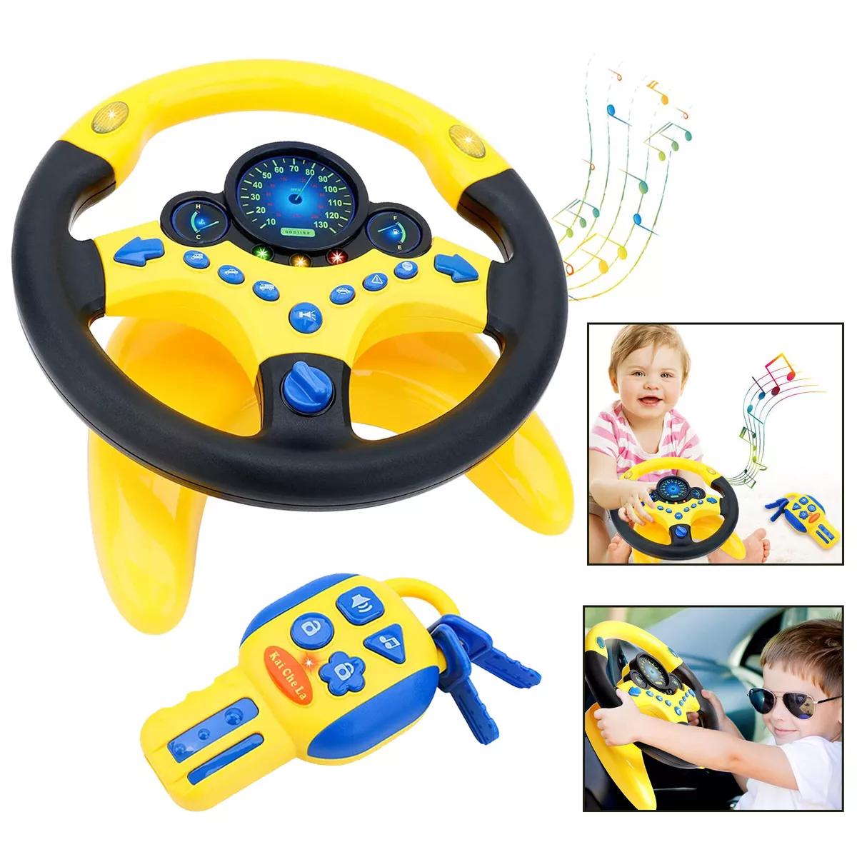 Yellow Kids Steering Wheel Car Key Simulated Driving Toy Fun Gift