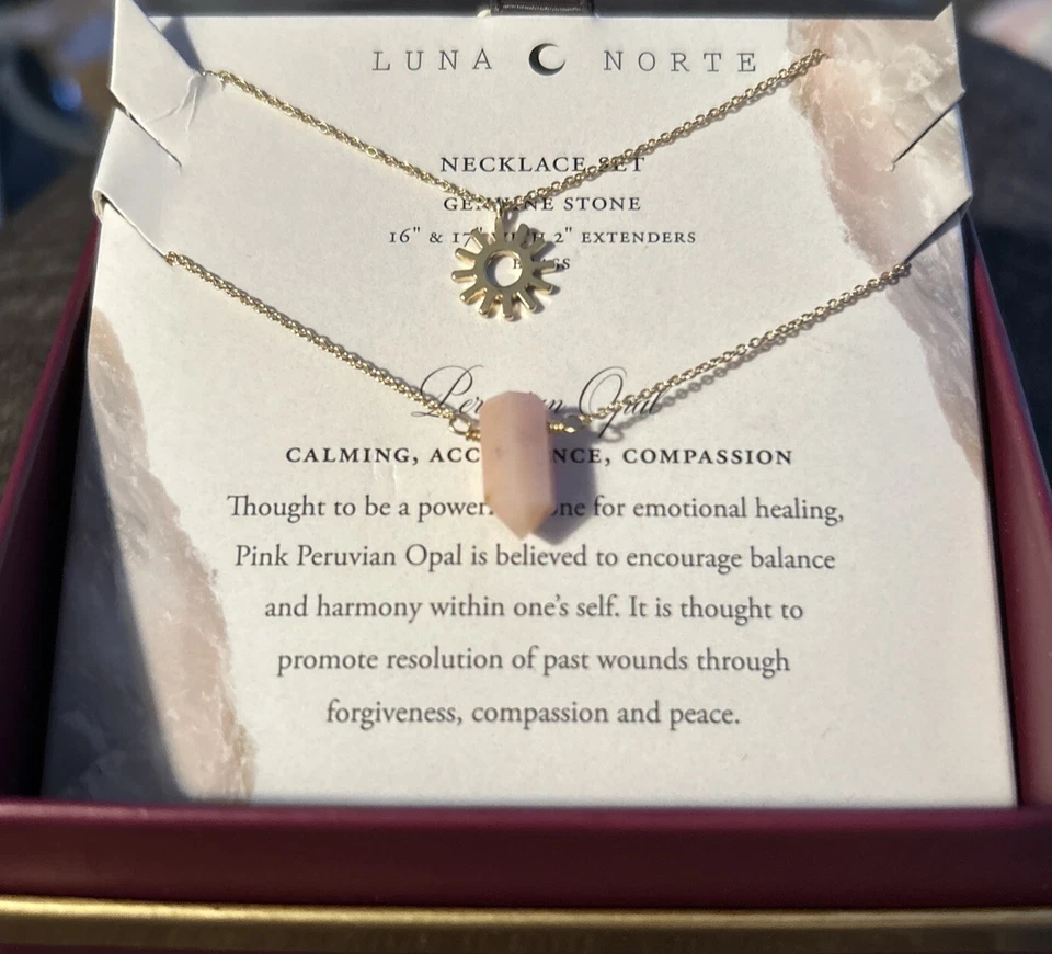 Juego de COLLAR ÓPALO PERUANO ROSA LUNA NORTE Latón Chapado en Oro 14KT ~ ¡NUEVO EN CAJA! Foto 2 de 4