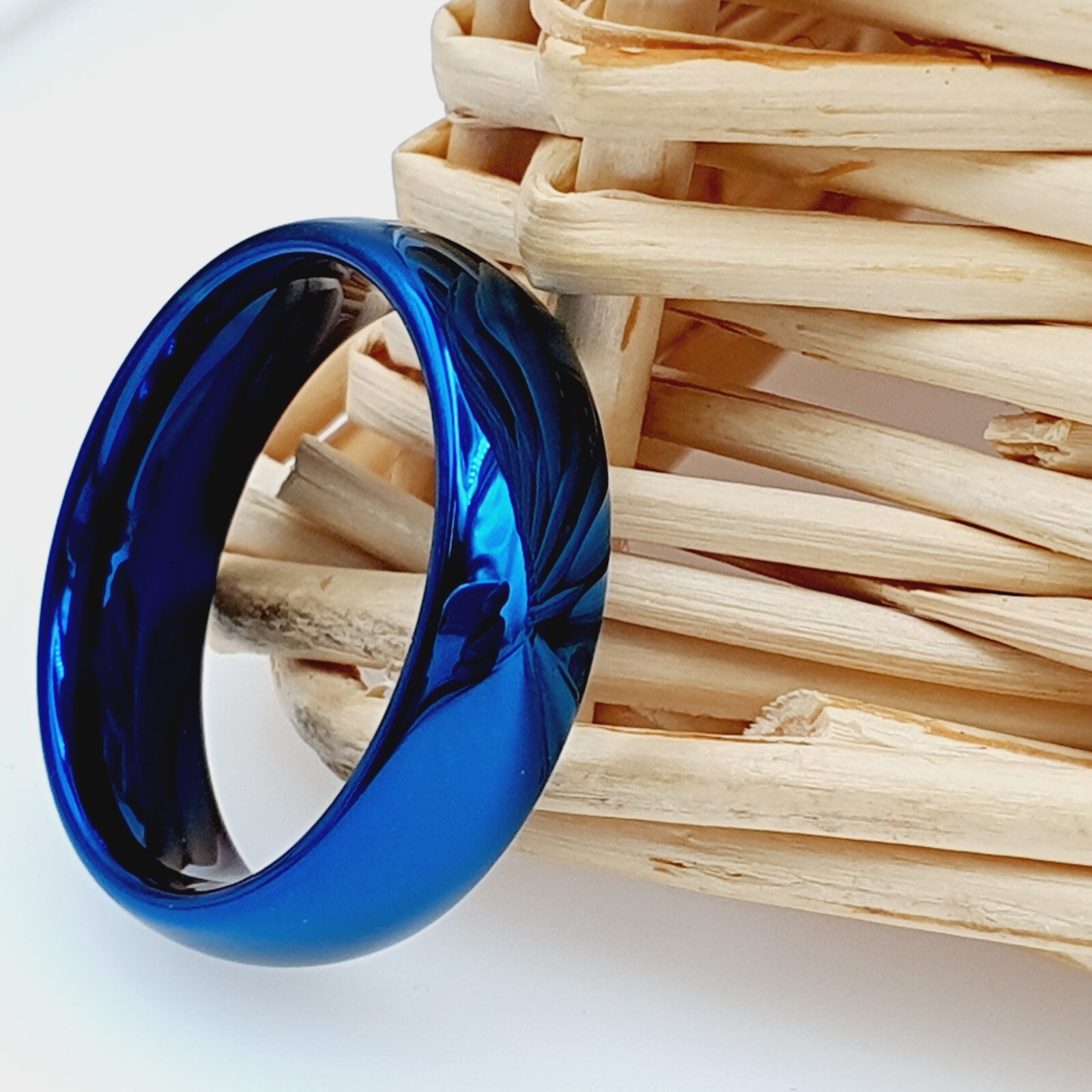 6MM High Polished Blue Tungsten Wedding Band, Shiny Minimalist Ring for Women