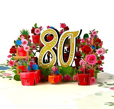 Handgefertigte 3D Pop Up Karte 80 Achtzig Happy Birthday Rose Blumentopf Feiern