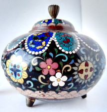 19c Finest Japanese Tea Dust Cloisonne Lidded Censer Box on 3 Horn Feet & Finial