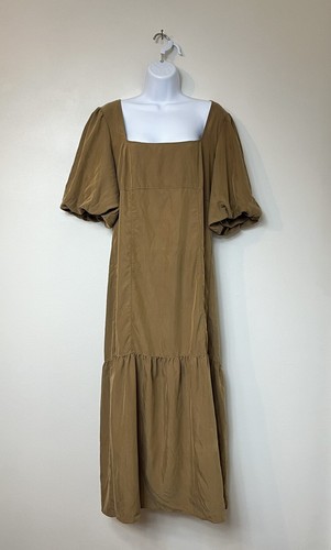 Free People Large Jordan Puff Short Sleeve Drop Ruffle Hem Midi Dress Tobacco - Picture 4 of 10