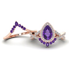 Pear Cut Purple Amethyst Engagement Ring Set 925 Sterling Silver Bridal Ring Set