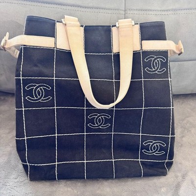 CHANEL Chocolate Bar Tote Bag Coco Mark Canvas Quilted Handbag