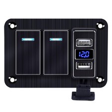 2 Gang Aluminum Rocker Switch Panel with 4.8 Amp Dual USB Charger Voltmeter Wate