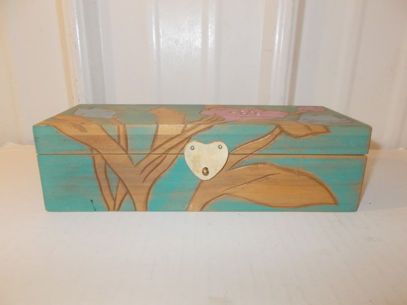 Crowning Touch Collection Hand Carved PAINTED Wood Folk Art Blue Trinket Box