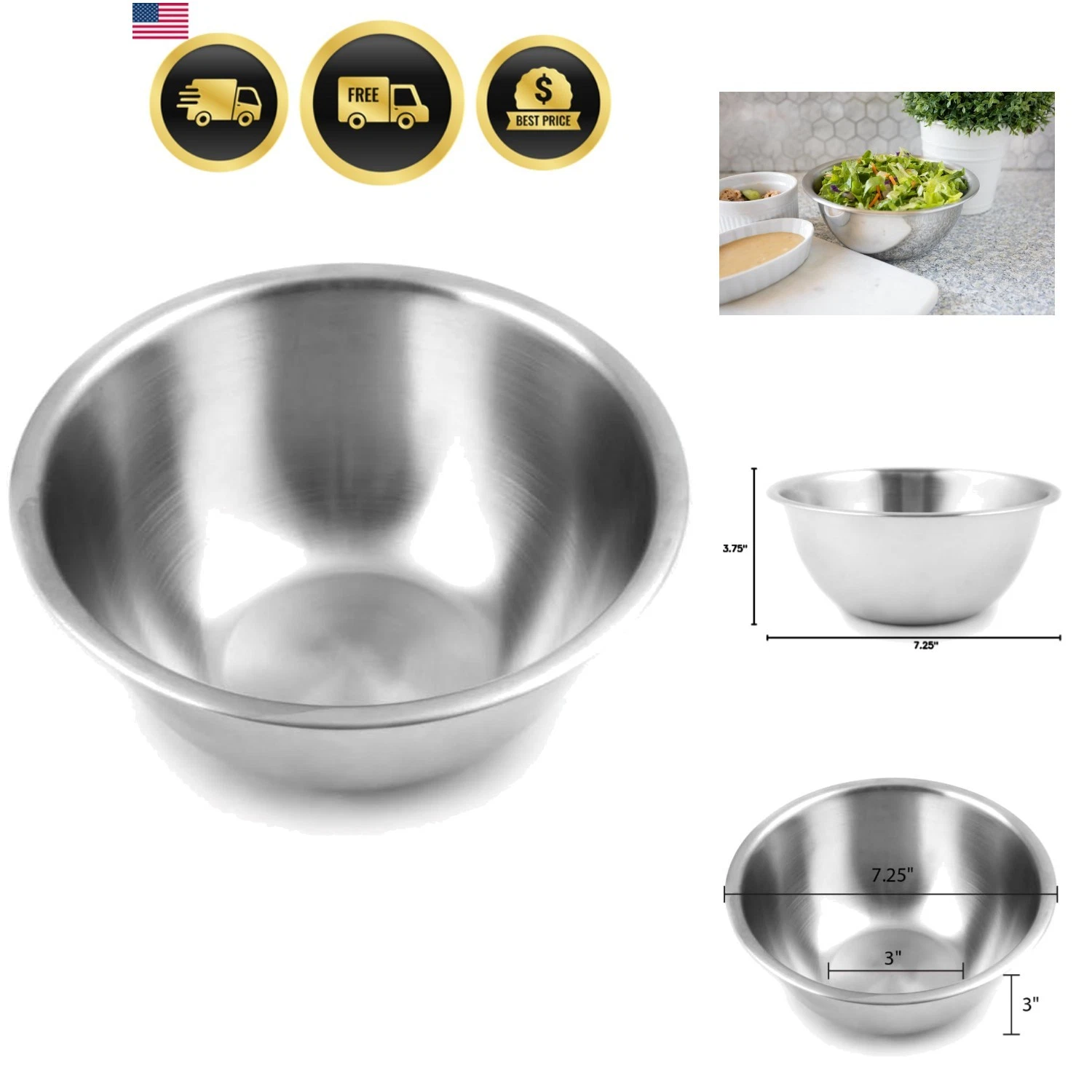 Stainless Steel Small Mixing Bowl, 7.25 x 7.25 x 3.75 inches, Metallic