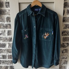 VTG 90s DISNEY Winnie The Pooh Piglet Tigger Green Corduroy Button Shirt Med Y2K