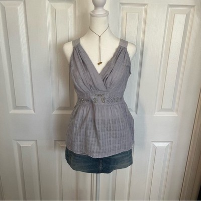 Ruby Rose Beaded Boho Halter Top Gray Y2K Festival Hippie Peasant Blouse L