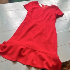 Talbots Red Solid Fit & Flare Dress V-Neck Short Sleeve Zip Ruffle 4P
