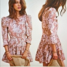 LoveShackFancy Floral Cotton Mini Dress Puff Sleeve Round Neckline Size 4
