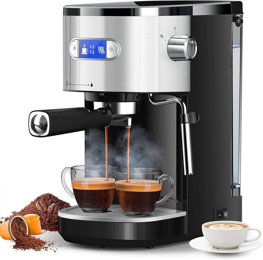 COWSAR 20-Bar Semi-Automatic Espresso Machine Silver Milk Frother CSCM8054H-BK