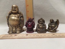 Brass "Budda" happy laugh Maitreya 4" statue & two 2" & one red resin 2" lot