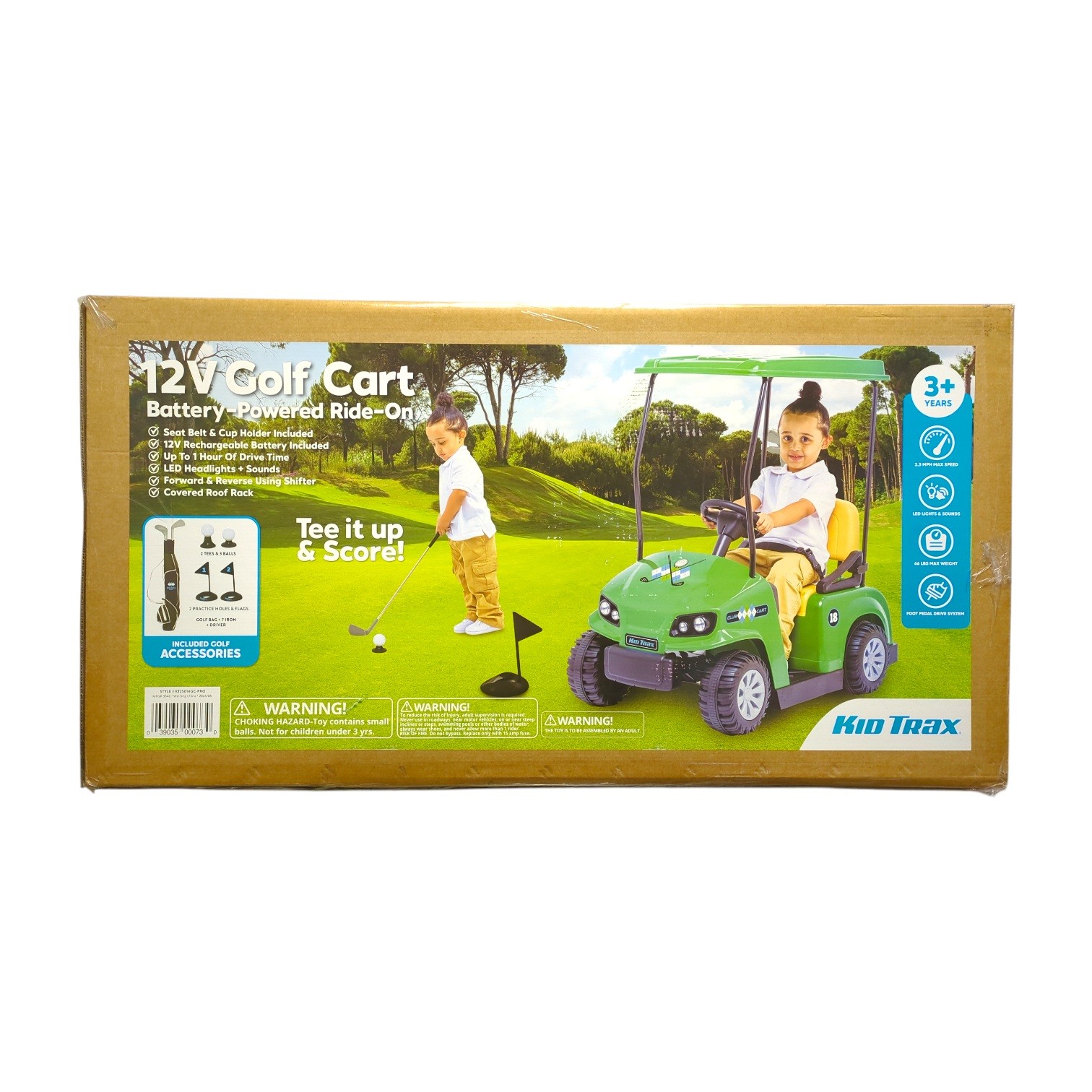 Kid Trax 12V Golf Cart Ride-On with Golf Accessories, 2.3MPH, 66lbs Max Weight