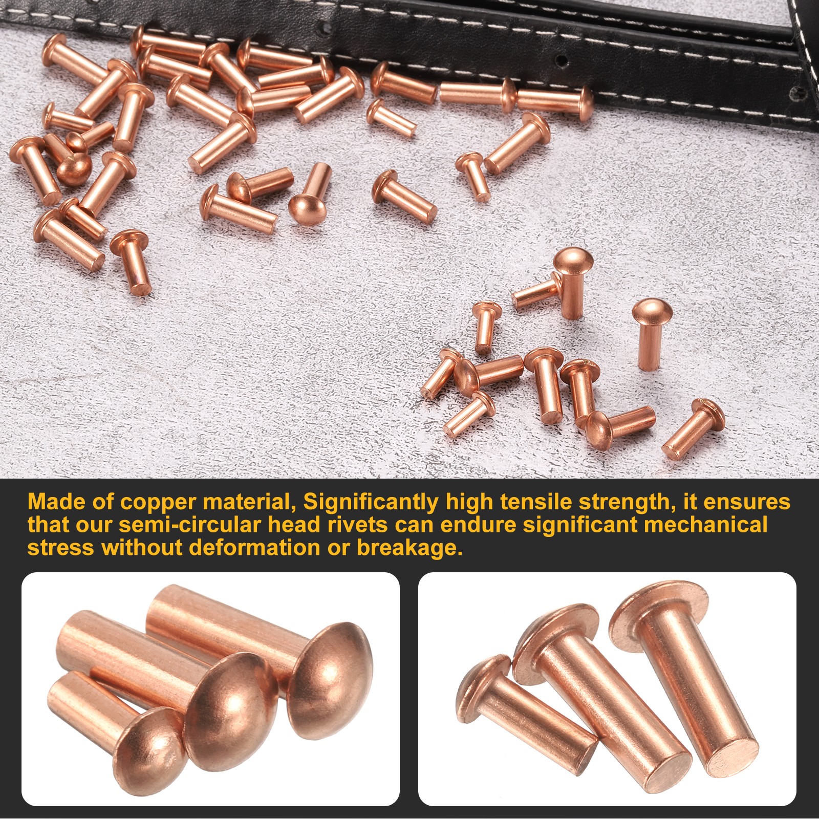 200 Pcs Copper Solid Rivets, 0.12"x0.39" Half Round Head Rivet Metal Fasteners