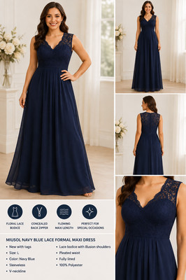 MIUSOL Navy Blue Lace Formal Maxi Dress Size L NWT Evening Gown Wedding Formal